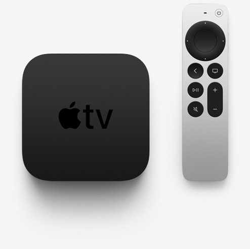 Front view of Apple TV 4K and its remote